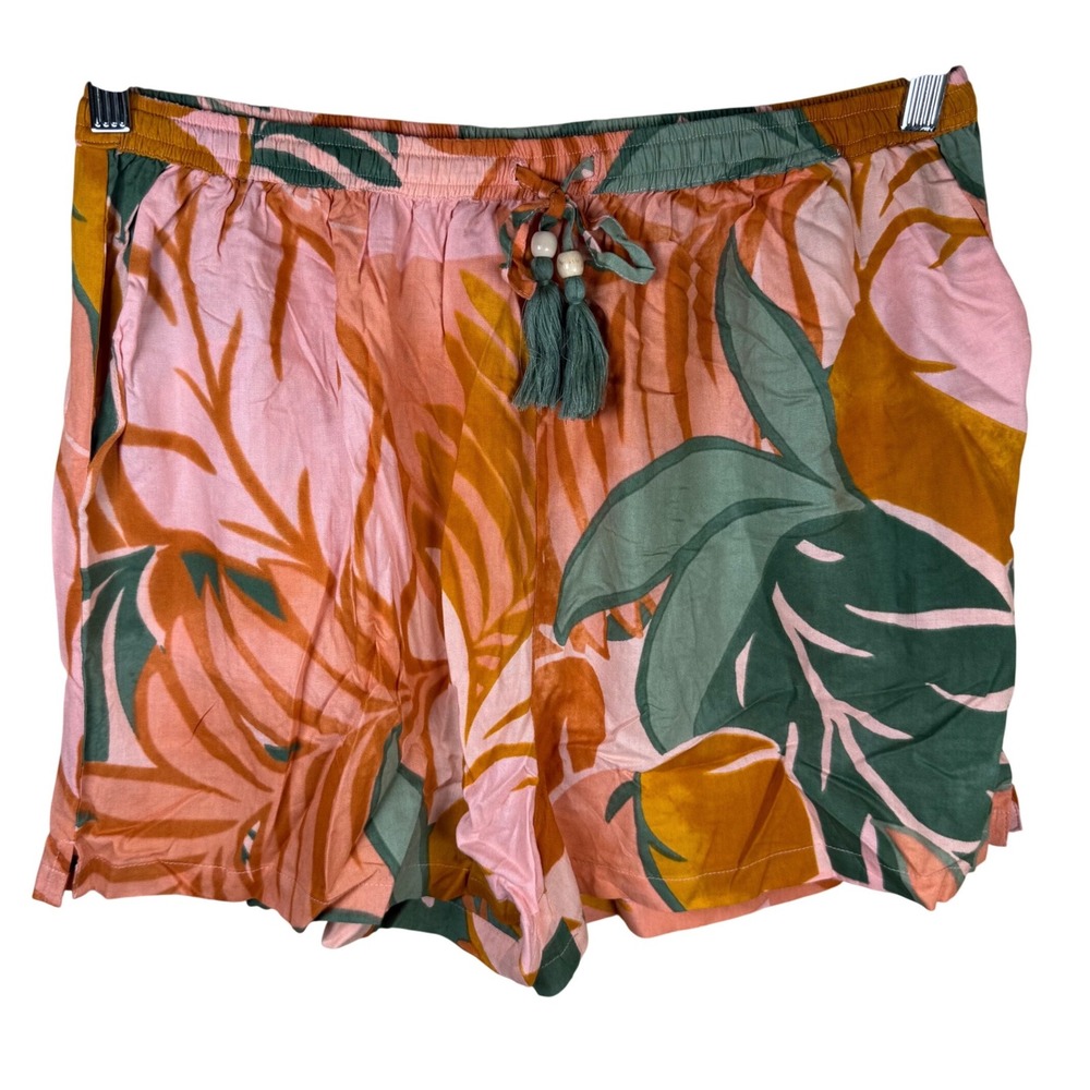 True Destinations Resortwear Tropical Palm Shorts Women Medium Pink Green Tassel